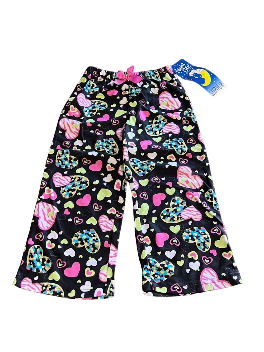 Night Life Girls XS 4/5 Black Heart Print Pajama Bottom Flannel Soft